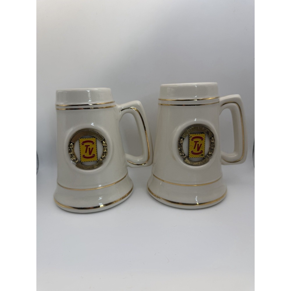 Pair Vintage TV Guide Promotional Ceramic Beer Steins Gold Trim